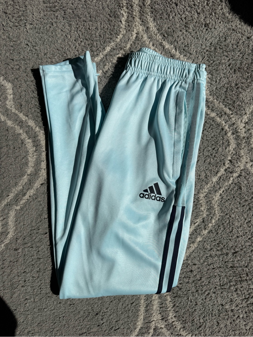 Adidas Light Blue Menâs Athletic Track Pants With Navy Stripes